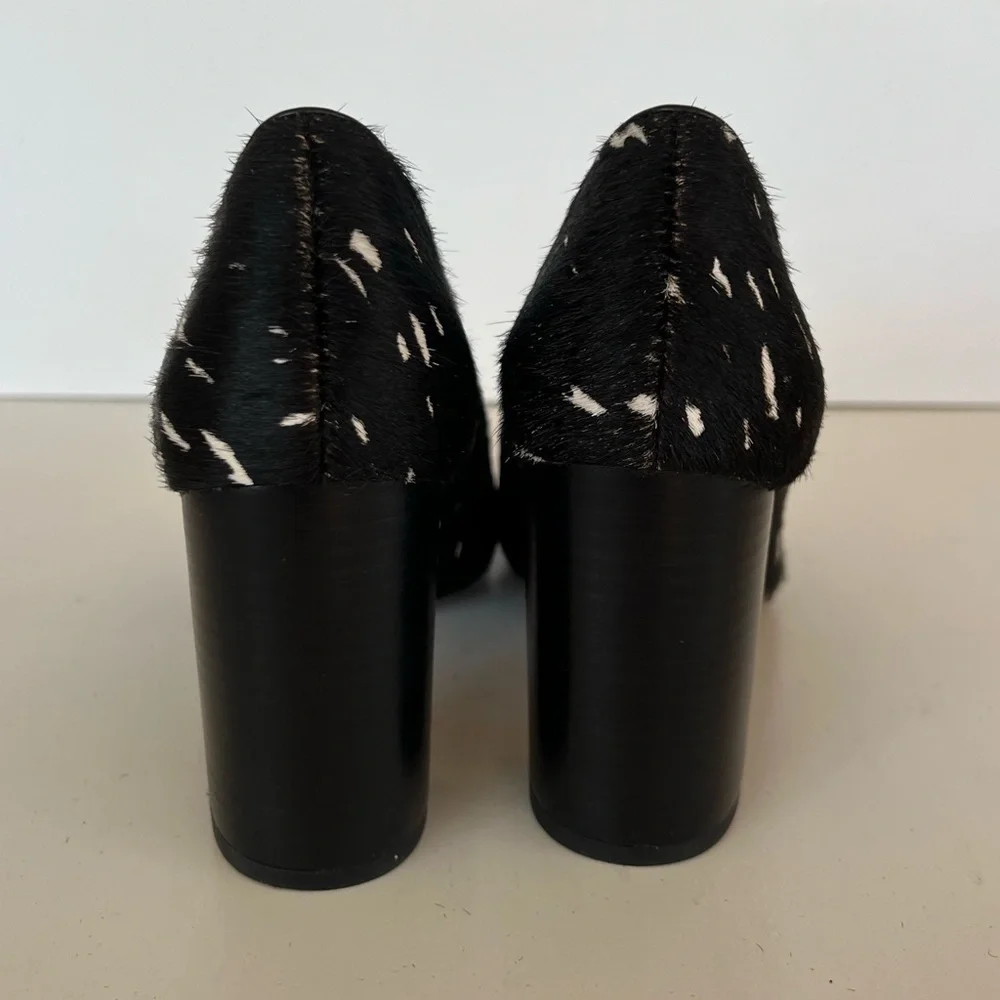 Franco Sarto Leather Cow Hair Black and White 3.35” Palma Pointy Toe Pump, 8M